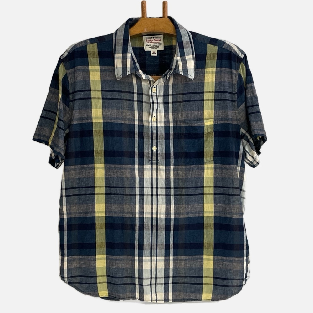 Lucky Brand Men's Half‎ Placket Shirt Size XL Plaid Short Sleeve Cotton Linen